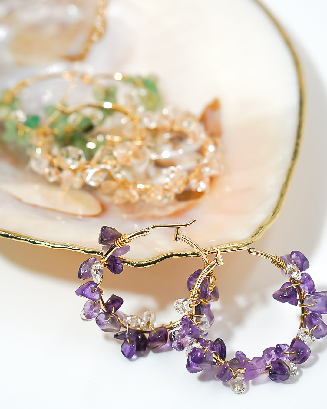 Beautiful gold hoop earrings with Amethyst outlets and Aventurine